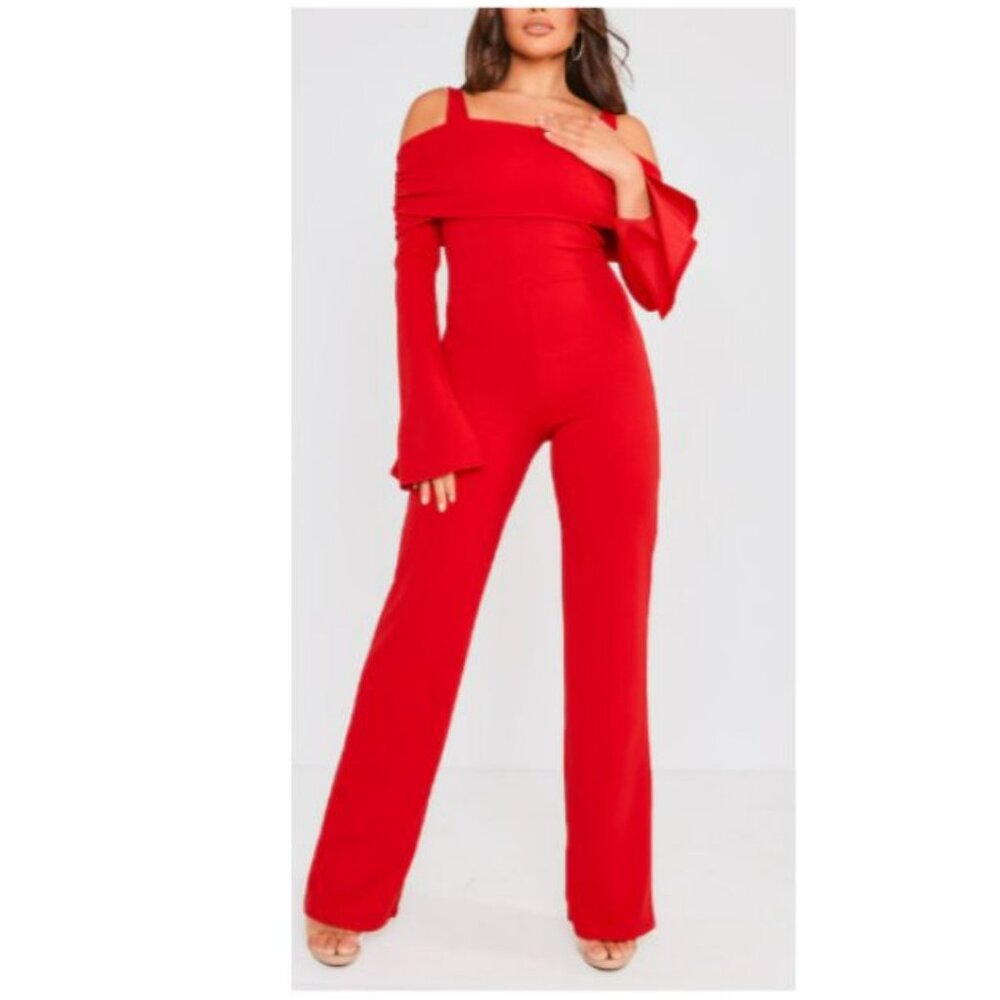 Red Off Shoulder Long Sleeve Jumpsuit